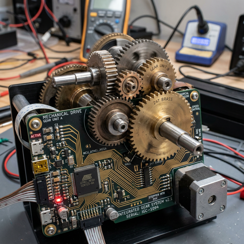 Integrated mechanical gear system with brass gears on a circuit board