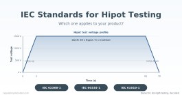 IEC Standards for Hipot Testing: Which One Applies to Your Product (and What It Requires) IEC hipot test voltage profile chart showing ramp-up, 60-second dwell at 1500 V, and ramp-down, with IEC 62368-1, IEC 60335-1 and IEC 61010-1 named as pills below the title.