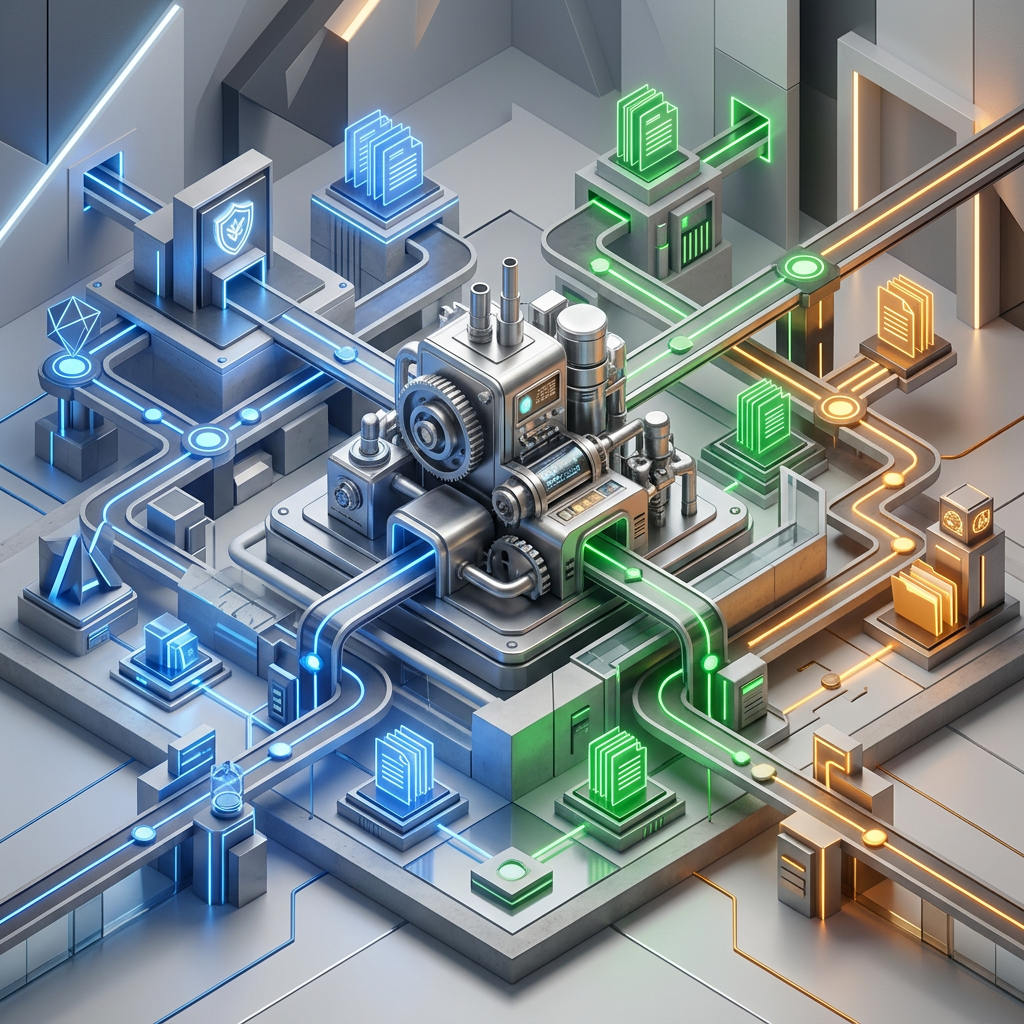 Futuristic machine routing colored data pathways through connected document nodes